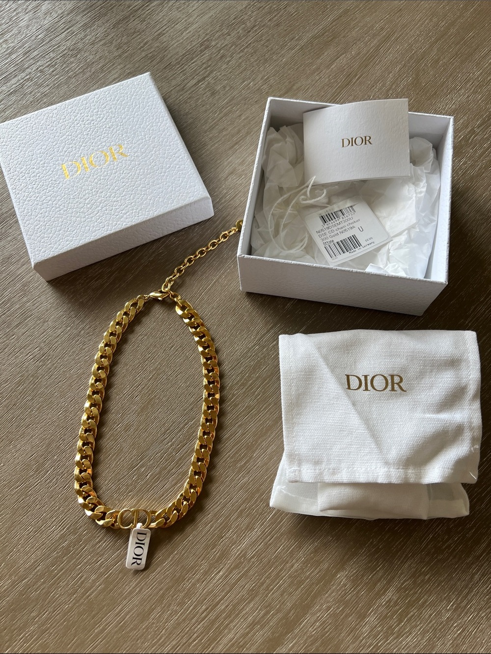 NWT Dior Gold Danseuse Etoile Choker Curb Chain Necklace with CD Dior Logo